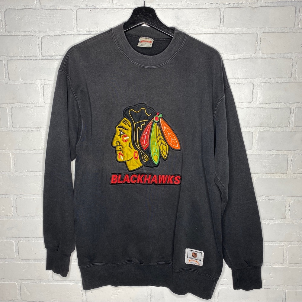 Vintage Chicago Blackhawks Size Large Pullover Sweatshirt Black NHL Nutmeg Mills
